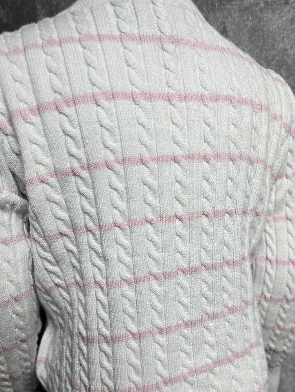 Ralph Lauren White Cable-Knit Cardigan with Light Pink Stripes